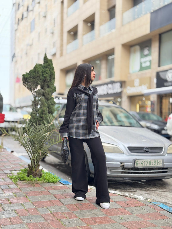 طقم تريكو ناعم مع قميص كاروهات وربطة