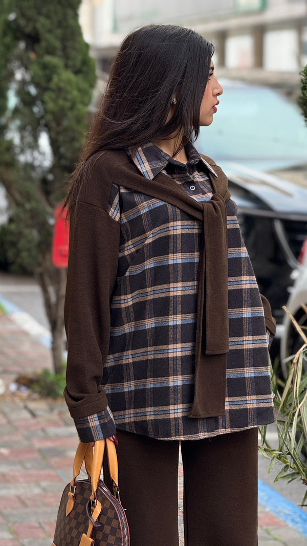 طقم تريكو ناعم مع قميص كاروهات وربطة