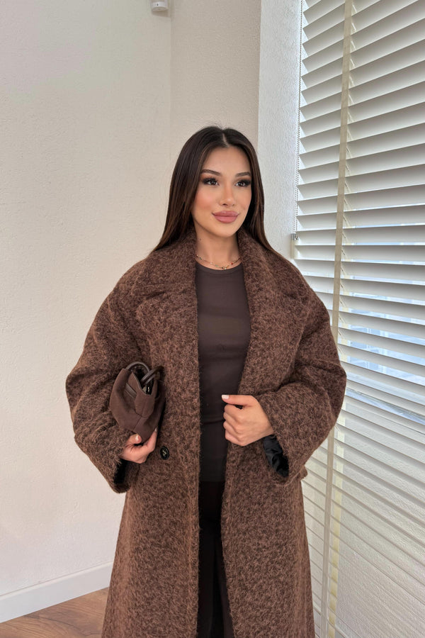 معطف طويل بياقة كروفازيه – لون بني القهوة