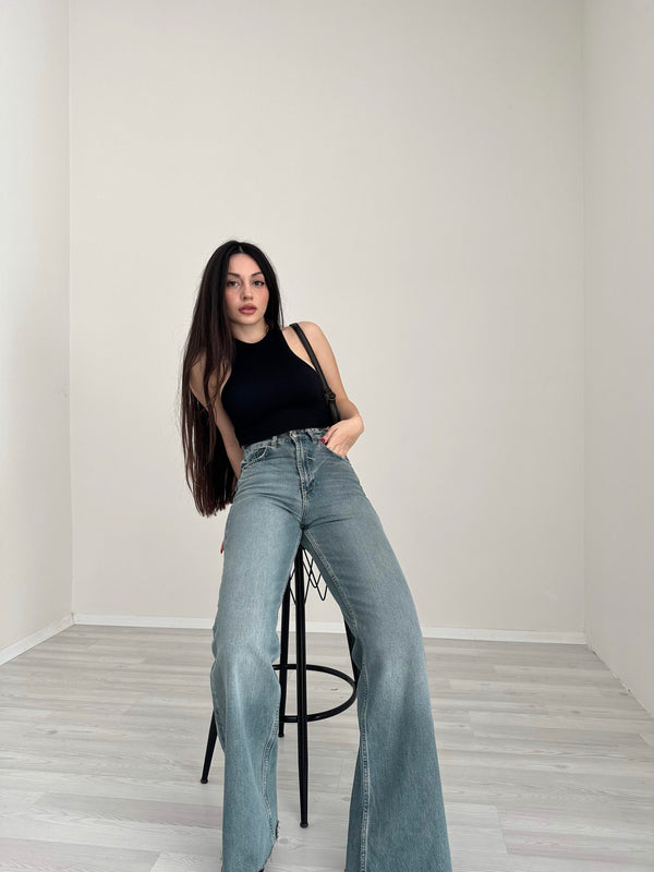 بنطال جينز واسع الساق بخصر عالٍ من ZR TRF (صدئ)