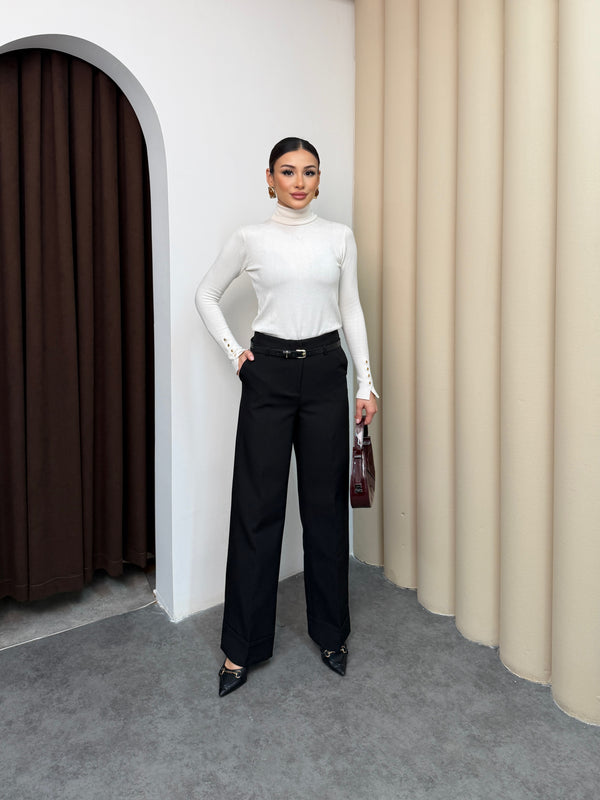 بنطلون عريض قماش مع قشاط