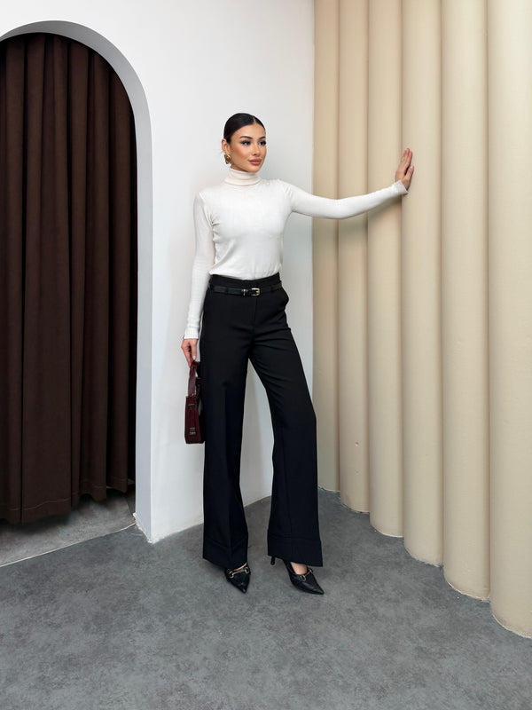 بنطلون عريض قماش مع قشاط