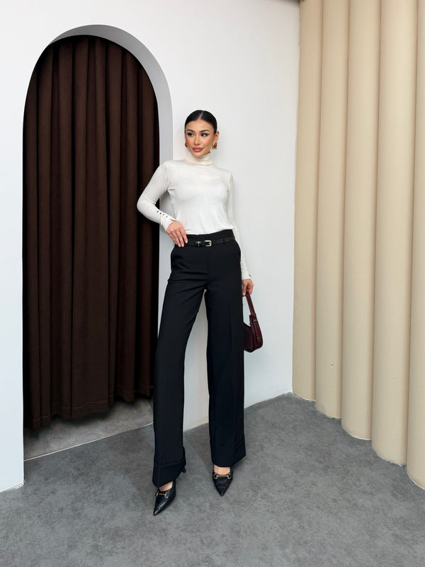 بنطلون عريض قماش مع قشاط