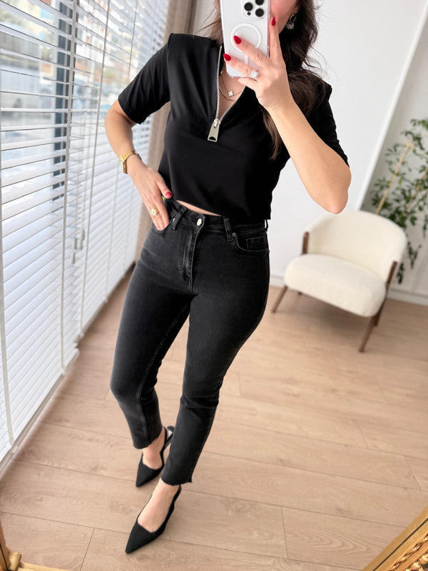 بنطلون Mom جينز اسود غامق - Sateen style