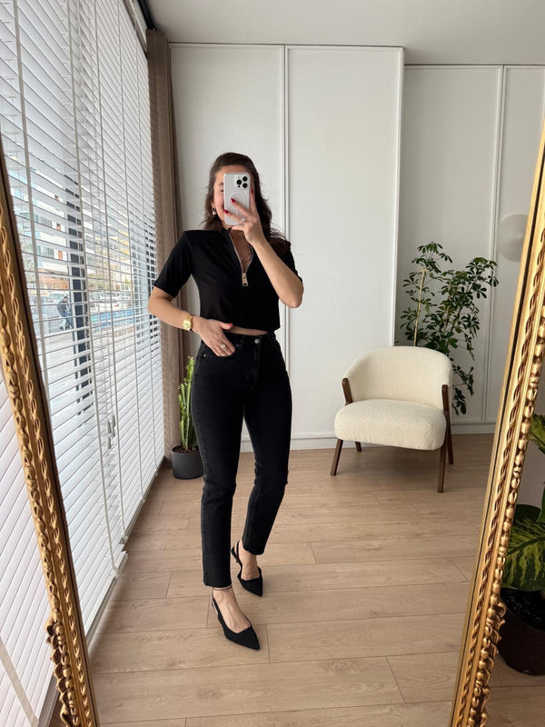 بنطلون Mom جينز اسود غامق - Sateen style