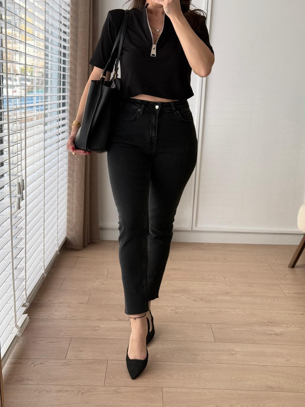 بنطلون Mom جينز اسود غامق - Sateen style