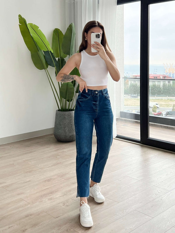 بنطلون Mom جينز مقصوص الساق - Sateen style