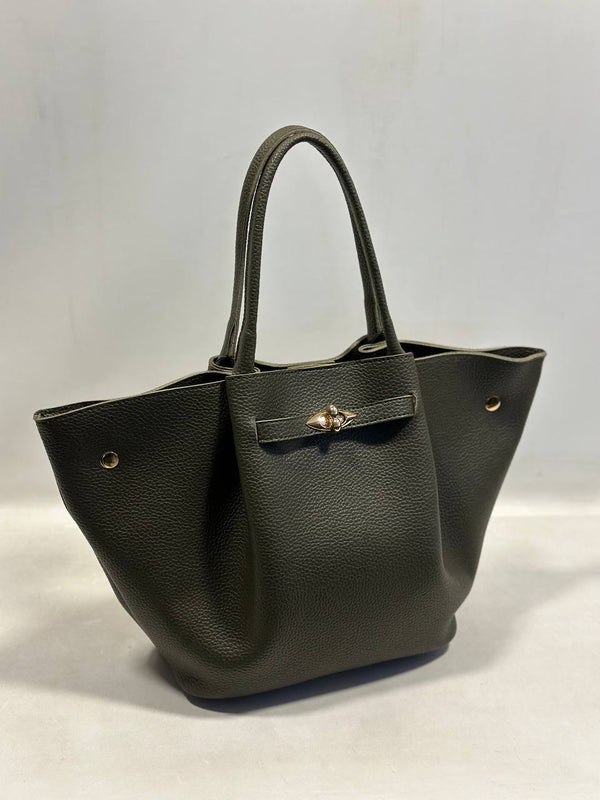 حقيبة جلد عصرية بأزرار ذهبية باللون الزيتي 0355 - Sateen style