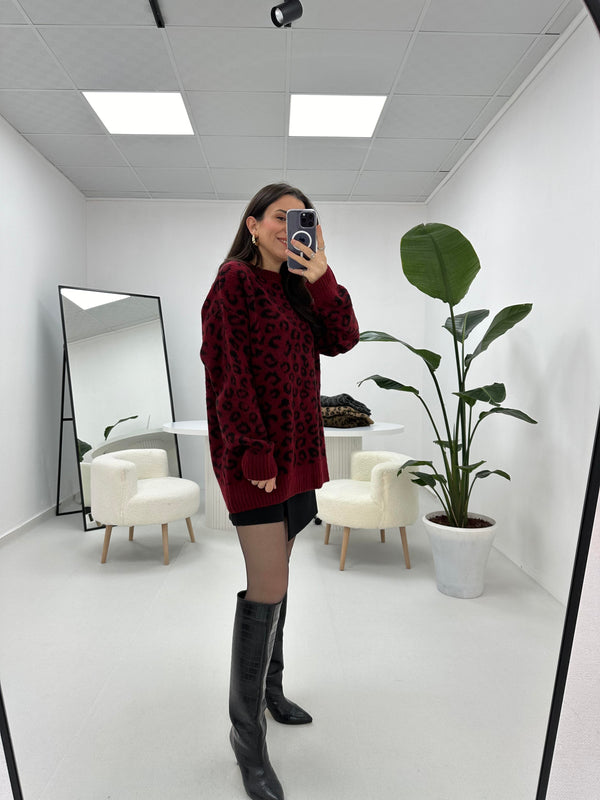 بلوزة ليوباردو بورجندي طويلة