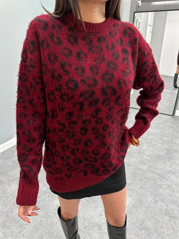 بلوزة ليوباردو بورجندي طويلة