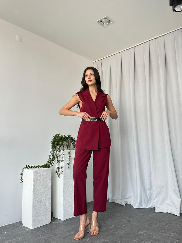 طقم فيست كتان صيفي مع كمر - Sateen style