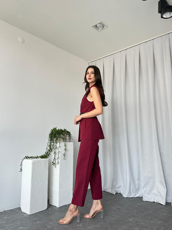 طقم فيست كتان صيفي مع كمر - Sateen style