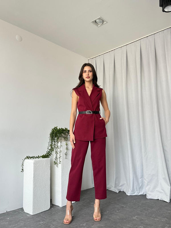 طقم فيست كتان صيفي مع كمر - Sateen style