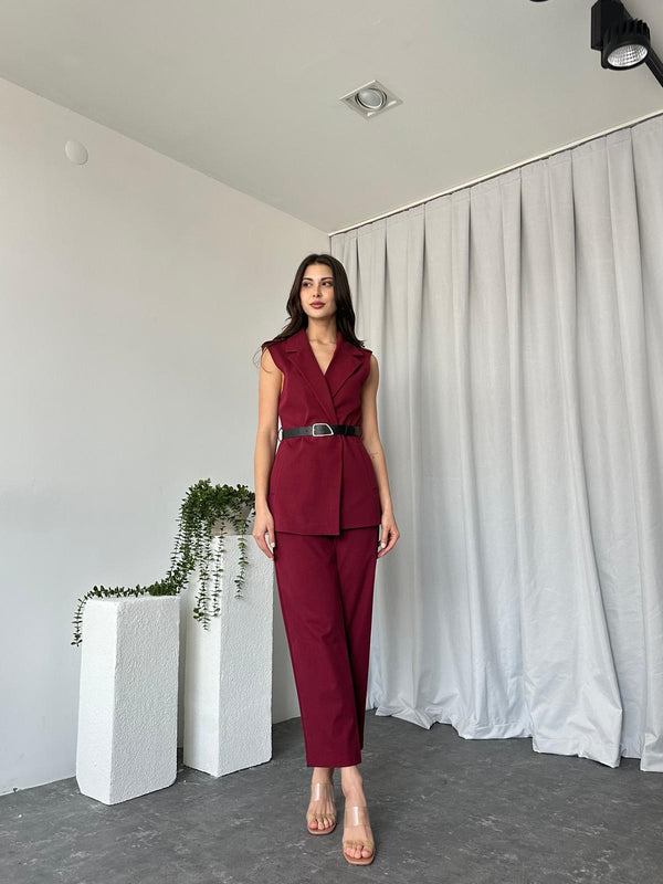 طقم فيست كتان صيفي مع كمر - Sateen style