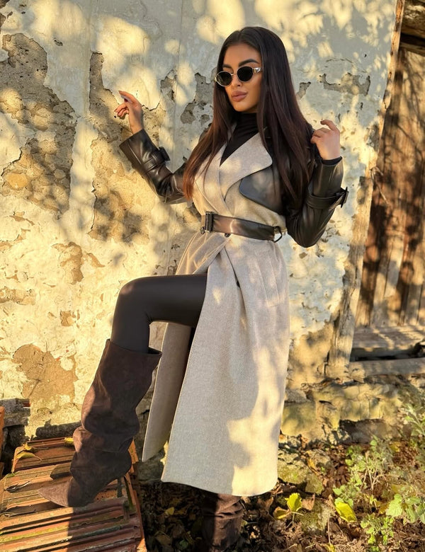 جكيت جوخ طويل بأكمام جلد