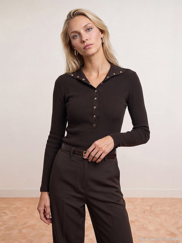 High Neck Snap Button Knit Sweater