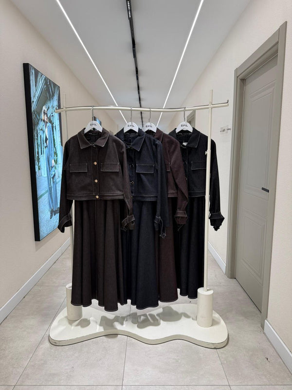 طقم فستان جينز مع جكيت اسود