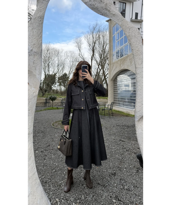 طقم فستان جينز مع جكيت ازرق