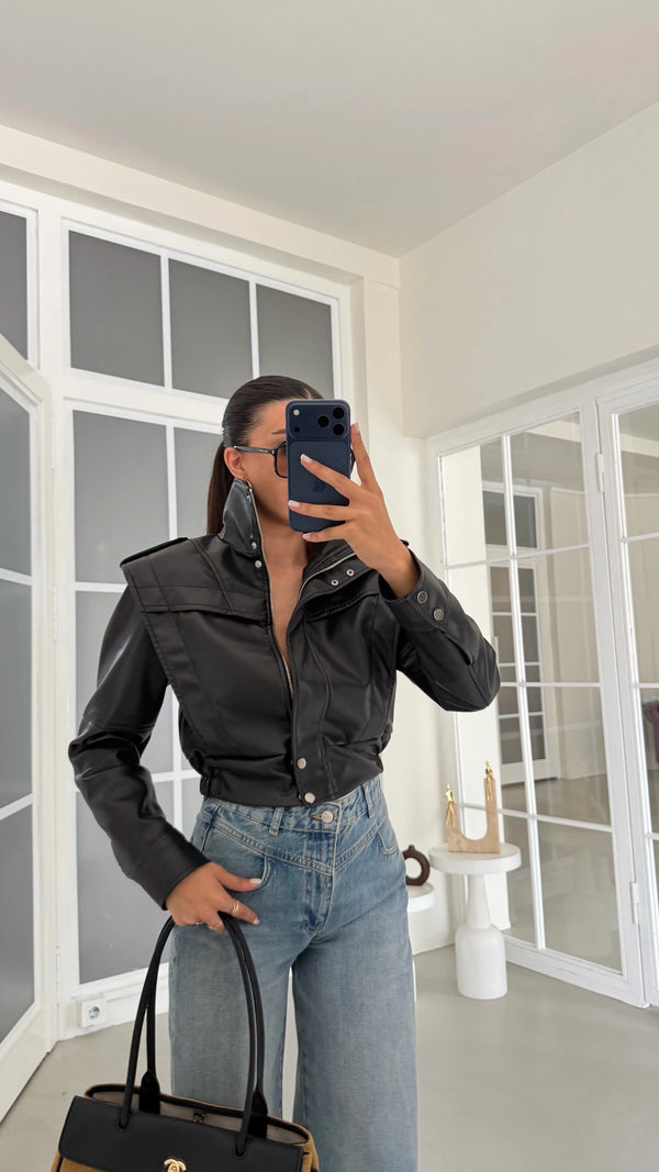 Black High Neck Leather Jacket