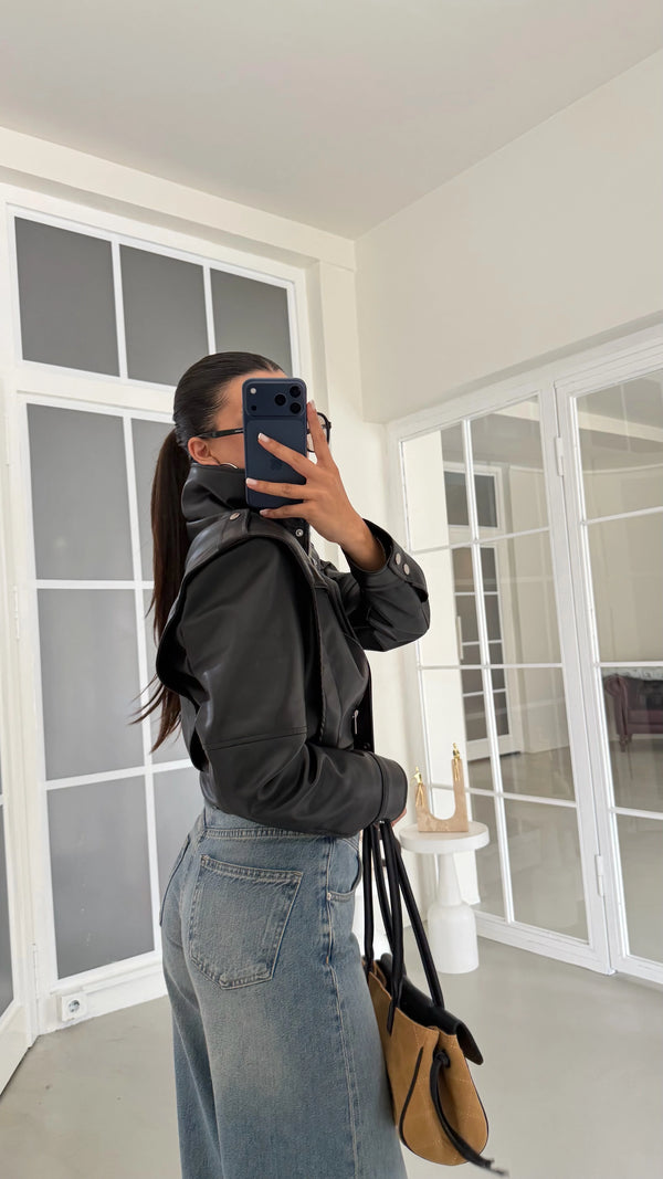 Black High Neck Leather Jacket