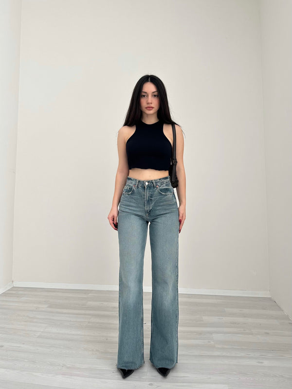 بنطال جينز واسع الساق بخصر عالٍ من ZR TRF (صدئ)