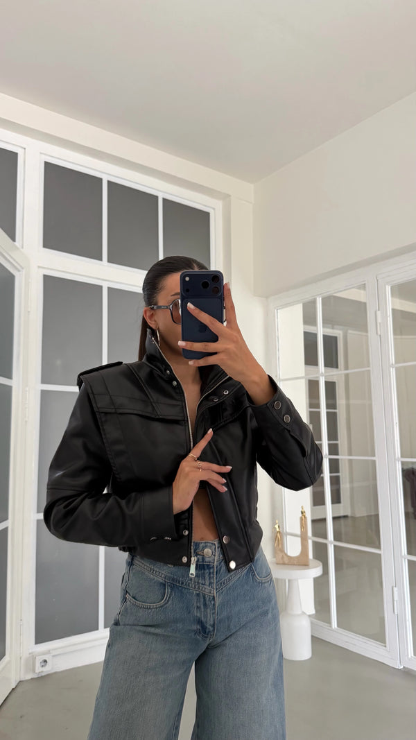 Black High Neck Leather Jacket