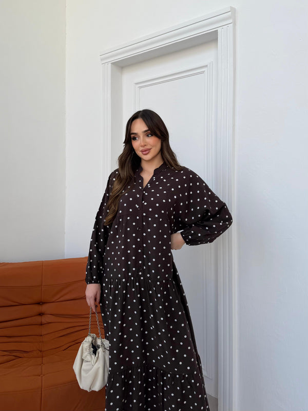 فستان بني POLKA بأكمام