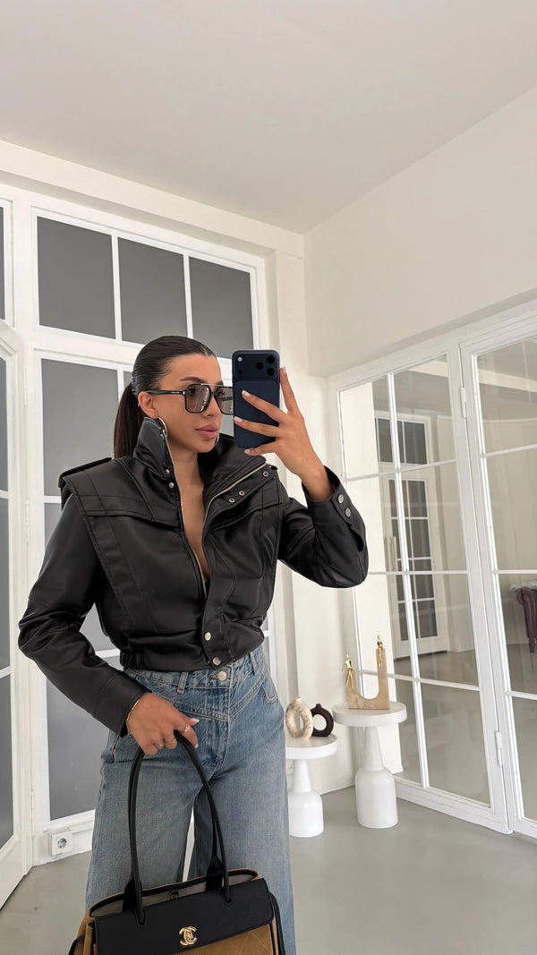 Black High Neck Leather Jacket