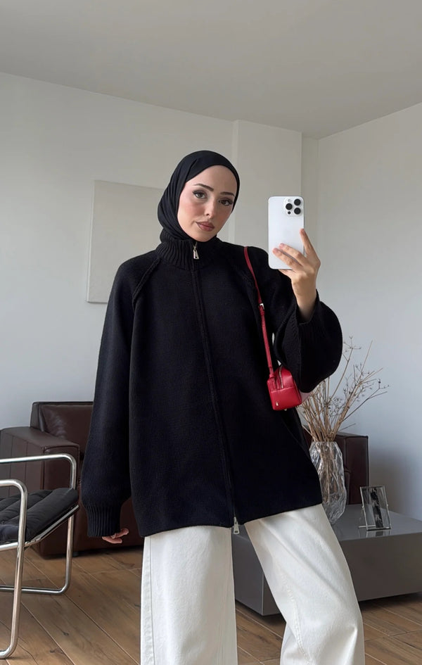 Oversized Zip-Up Knit Cardigan