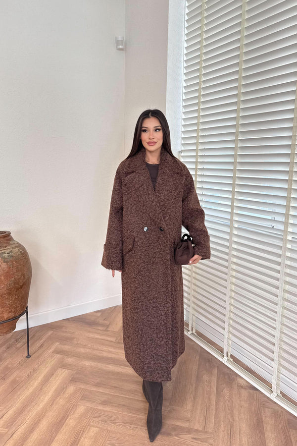 معطف طويل بياقة كروفازيه – لون بني القهوة