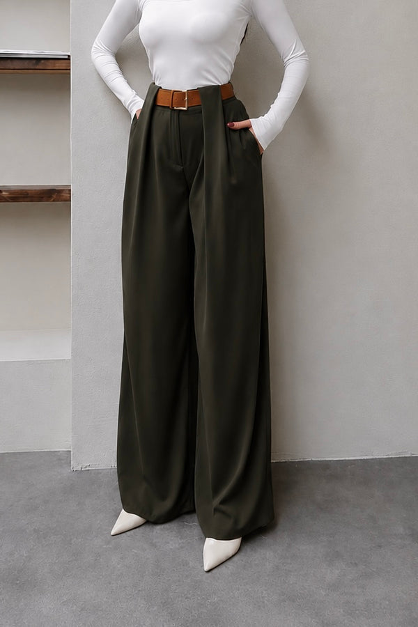 بنطلون زيتي Classic Pleated Elegance