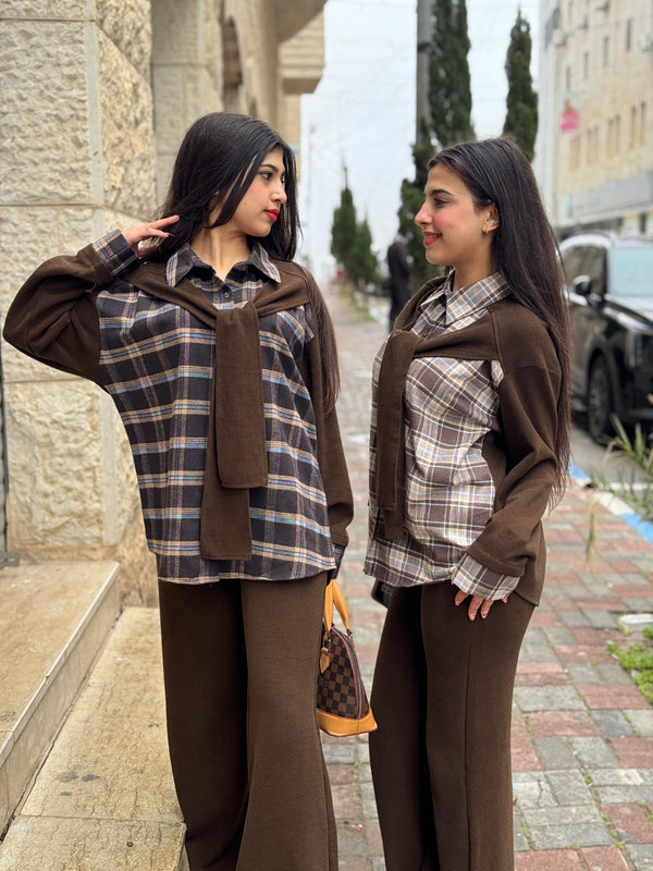 طقم تريكو ناعم مع قميص كاروهات وربطة