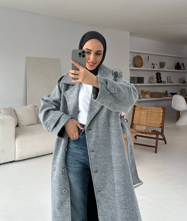 جكيت جوخ كشمير رمادي مع كمر