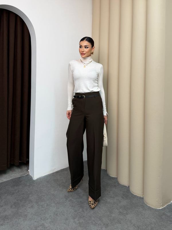 بنطلون عريض قماش مع قشاط