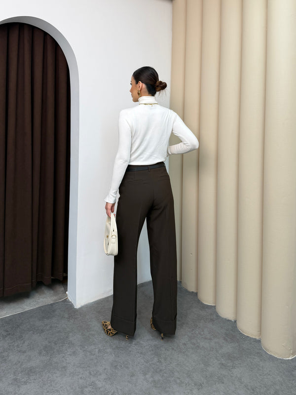 بنطلون عريض قماش مع قشاط