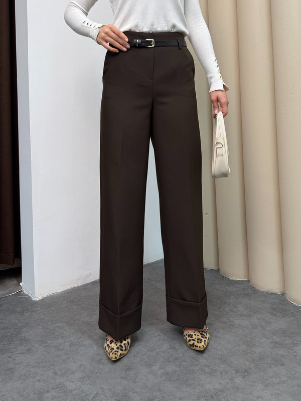 بنطلون عريض قماش مع قشاط