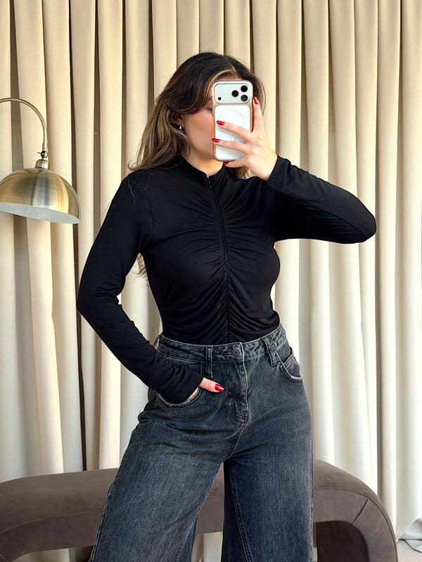 Ruched Zip-Up Long Sleeve Top