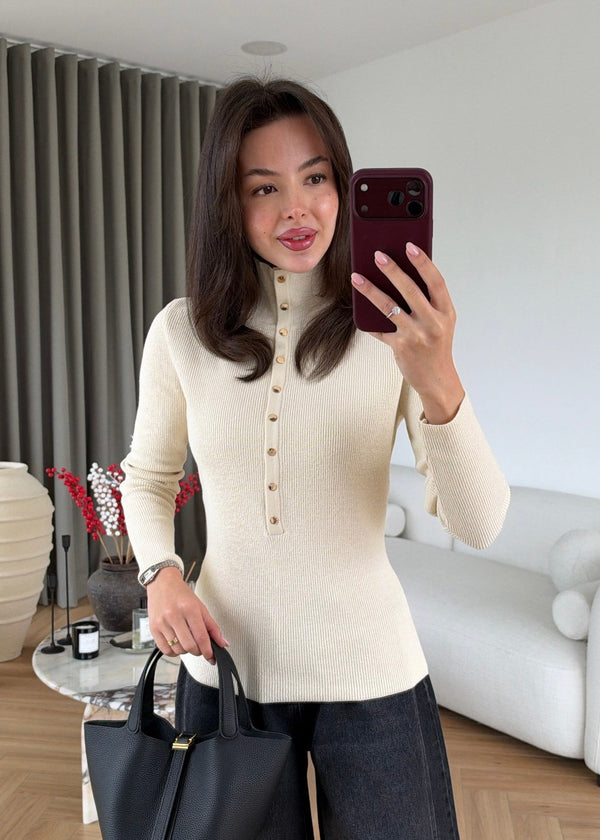 High Neck Snap Button Knit Sweater