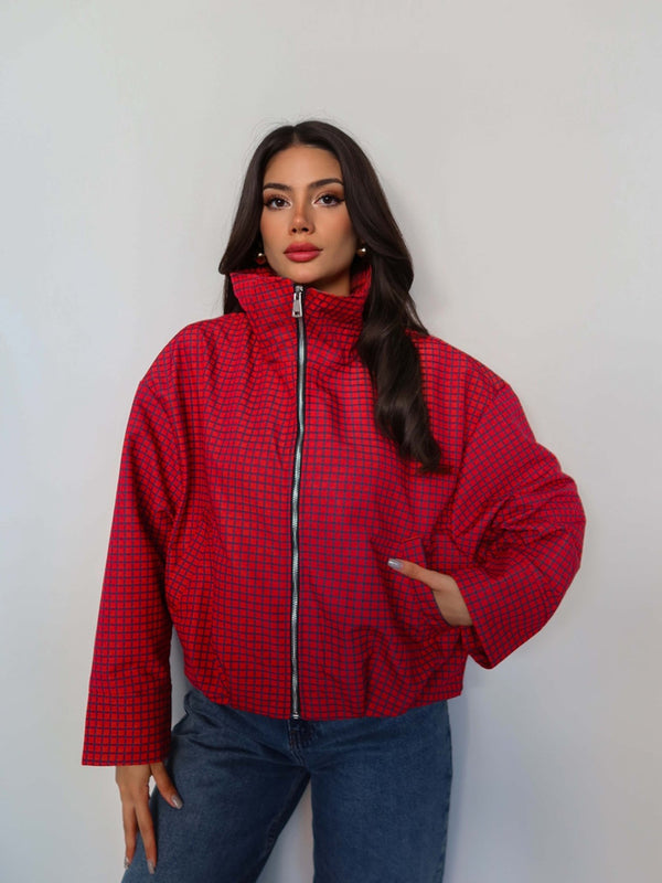 High Neck Plaid Bomber Jacket