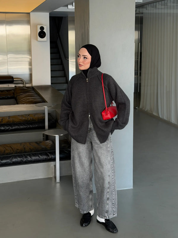 Oversized Zip-Up Knit Cardigan