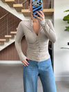 Ruched Zip-Up Long Sleeve Top