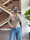 Ruched Zip-Up Long Sleeve Top