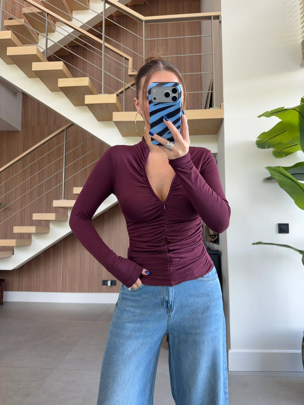 Ruched Zip-Up Long Sleeve Top