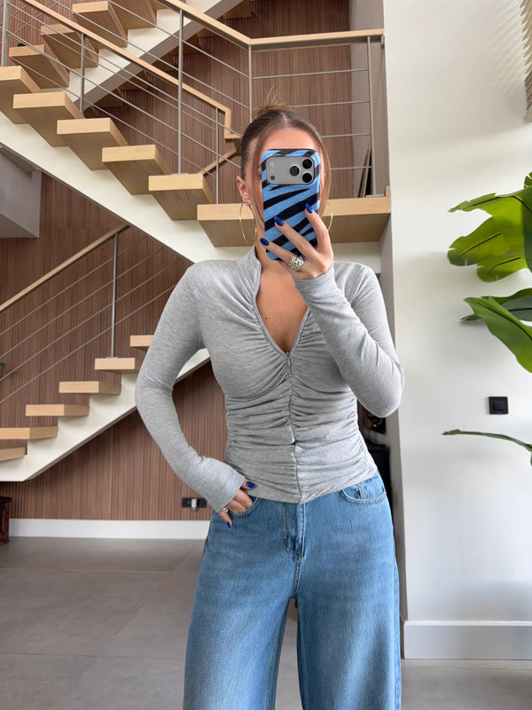 Ruched Zip-Up Long Sleeve Top
