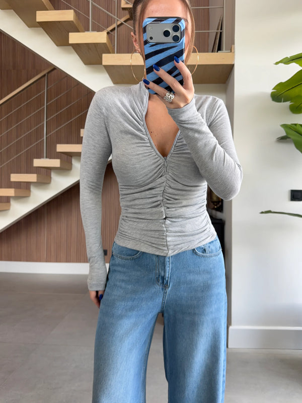 Ruched Zip-Up Long Sleeve Top
