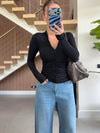 Ruched Zip-Up Long Sleeve Top