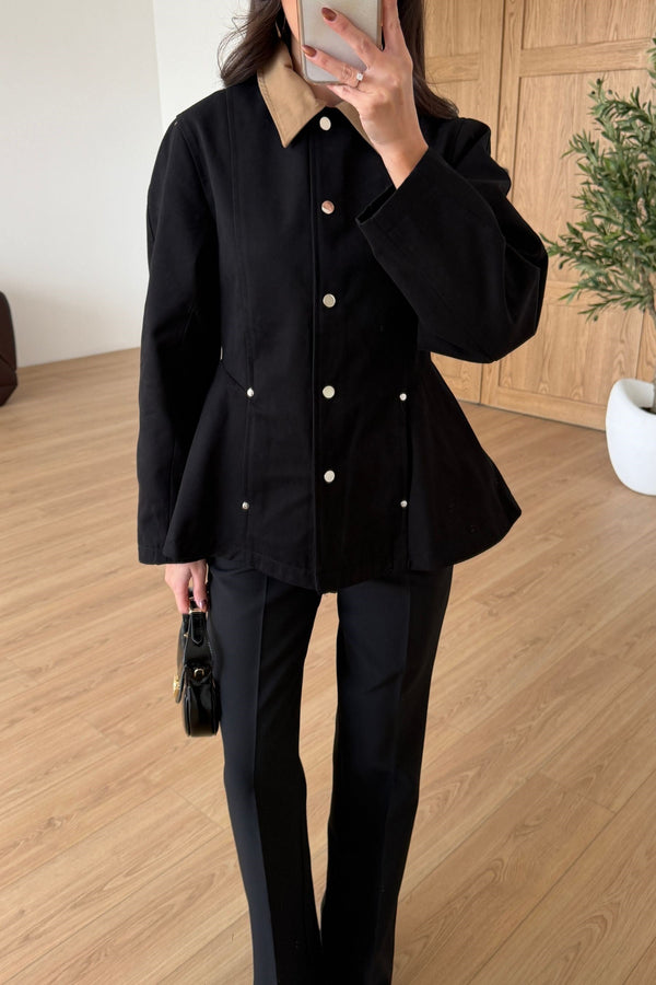 WAISTED CONTRAST COLLAR JACKET