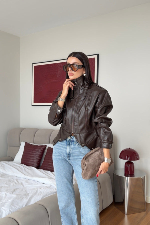 High Neck Leather Jacket