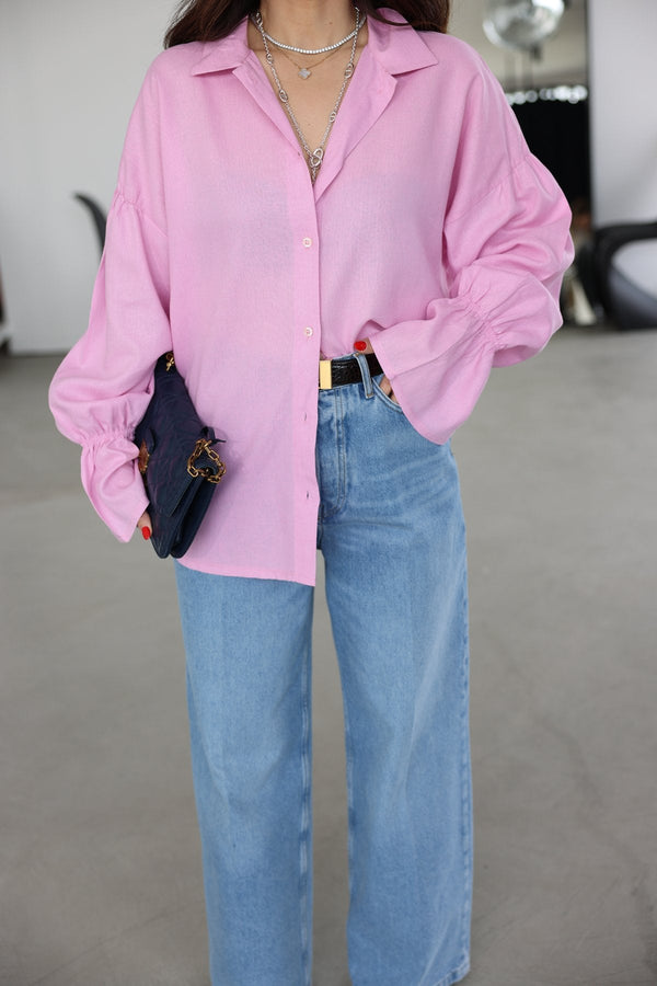 قميص كتان مزخرف بأكمام مرنة - Sateen style