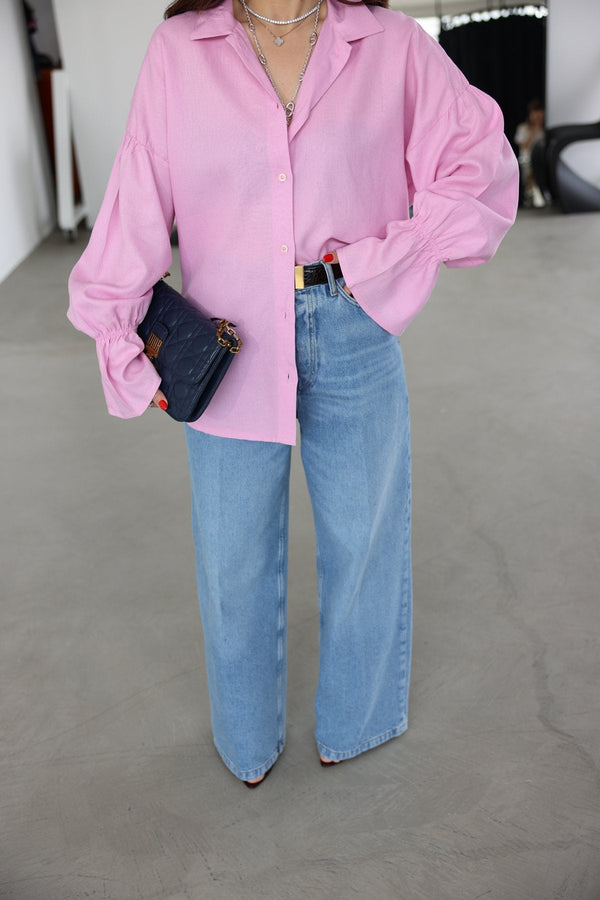 قميص كتان مزخرف بأكمام مرنة - Sateen style